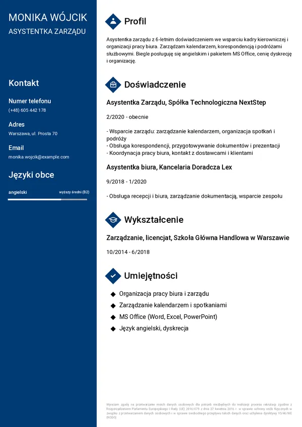 Przykładowe CV asystentki (szablon Profesjonalny)
