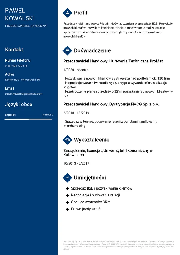 Przykładowe CV handlowca (szablon Profesjonalny)