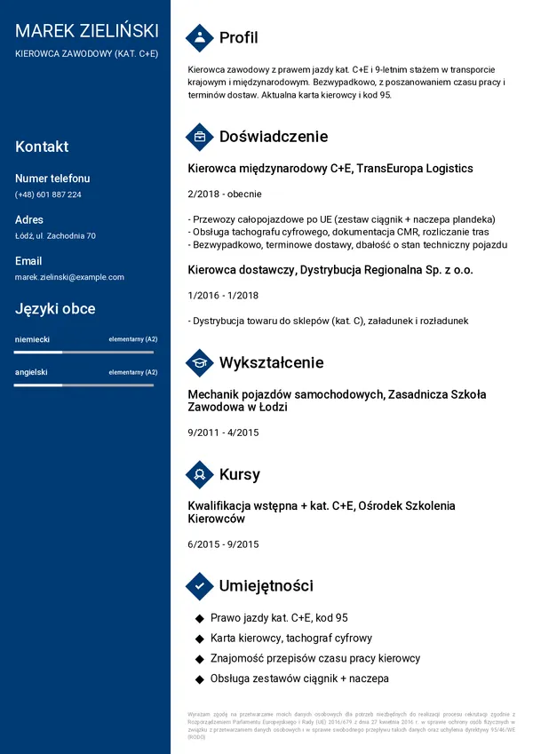 Przykładowe CV kierowcy (szablon Profesjonalny)