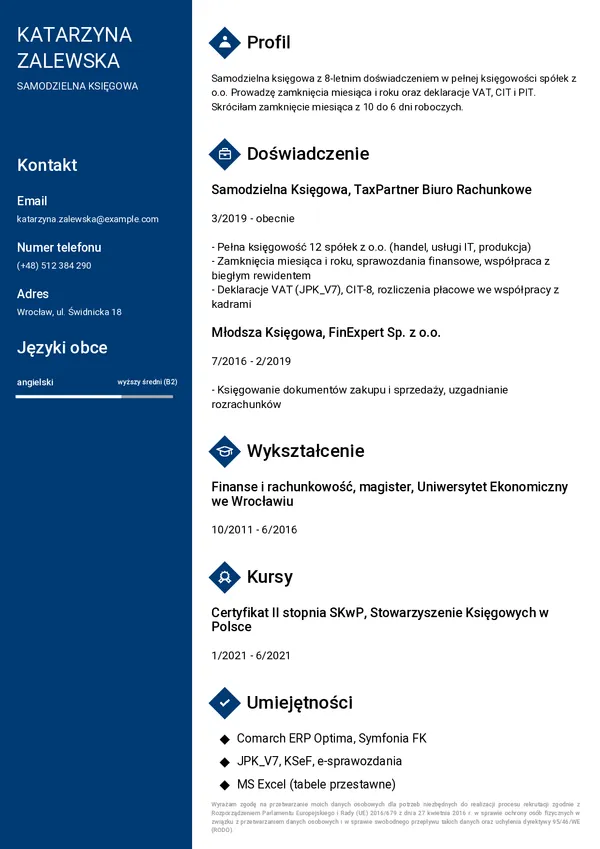 Przykładowe CV księgowej (szablon Profesjonalny)