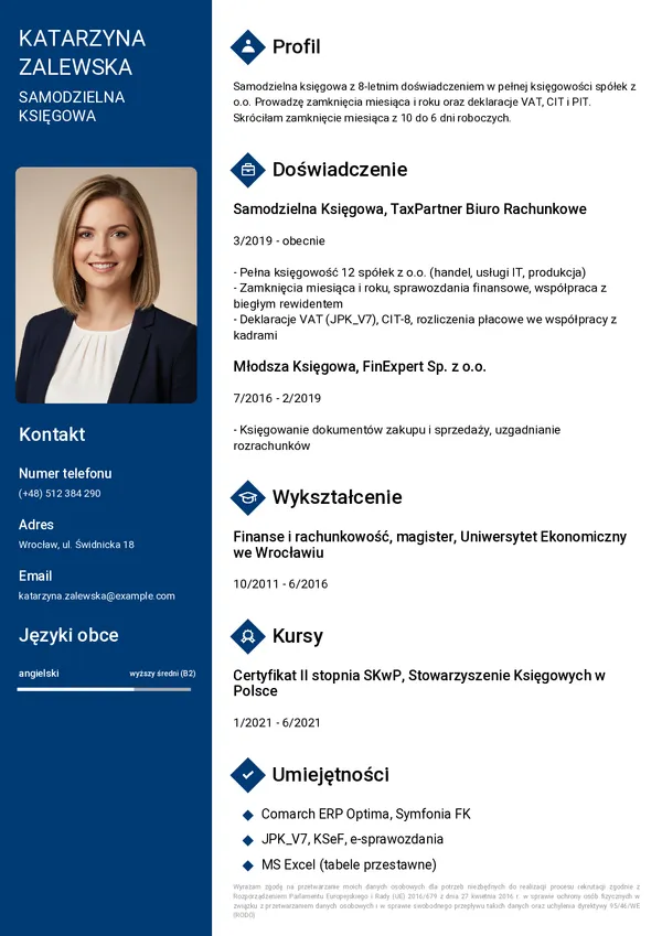 Przykładowe CV dla księgowej (szablon Profesjonalny)
