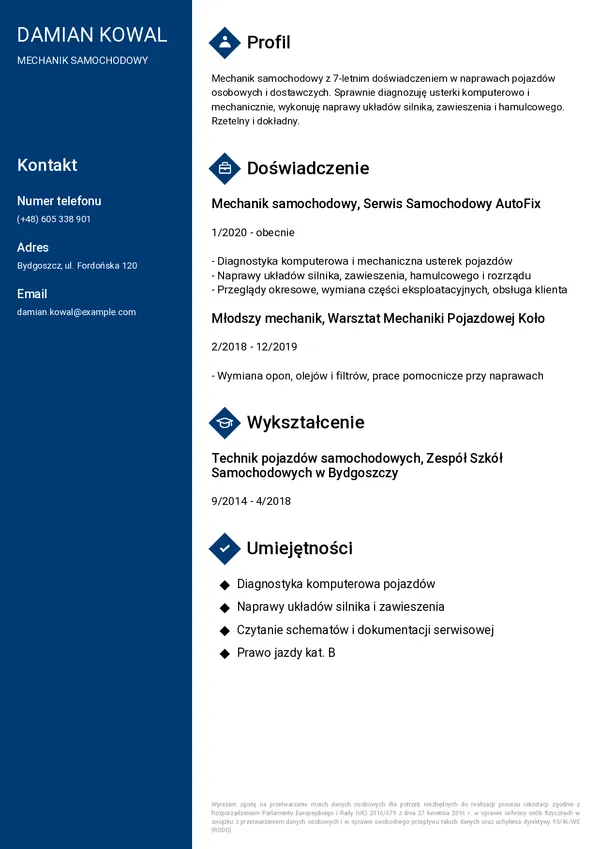 Przykładowe CV mechanika (szablon Profesjonalny)