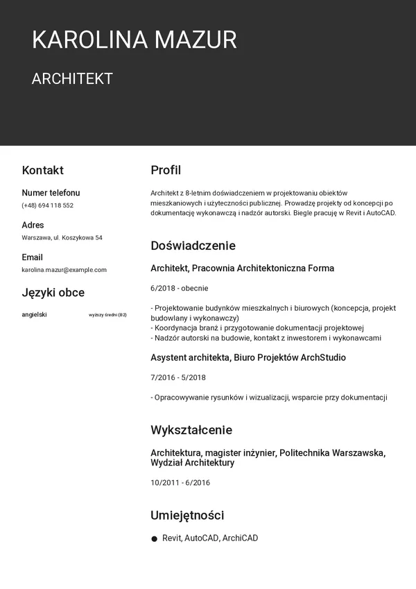 Przykładowe CV architekta — strona 1 (szablon Nero)