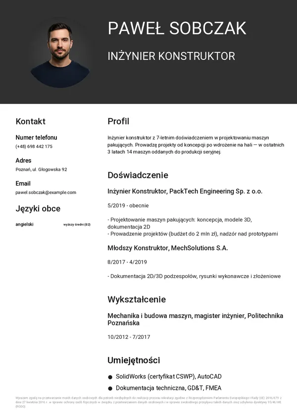 Przykładowe CV dla inżyniera (szablon Nero)