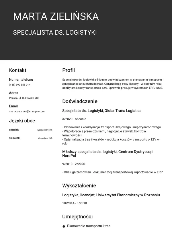 Przykładowe CV logistyka — strona 1 (szablon Nero)