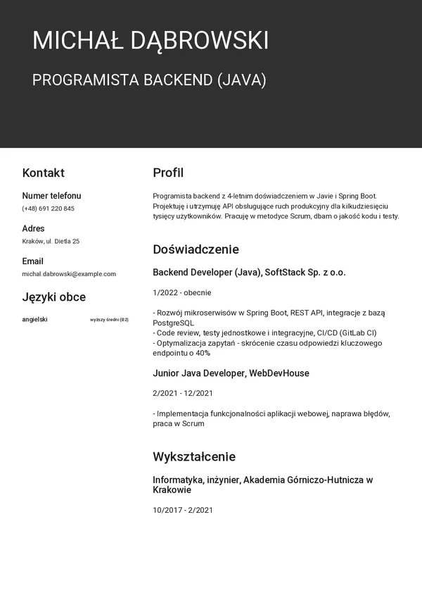 Przykładowe CV programisty — strona 1 (szablon Nero)
