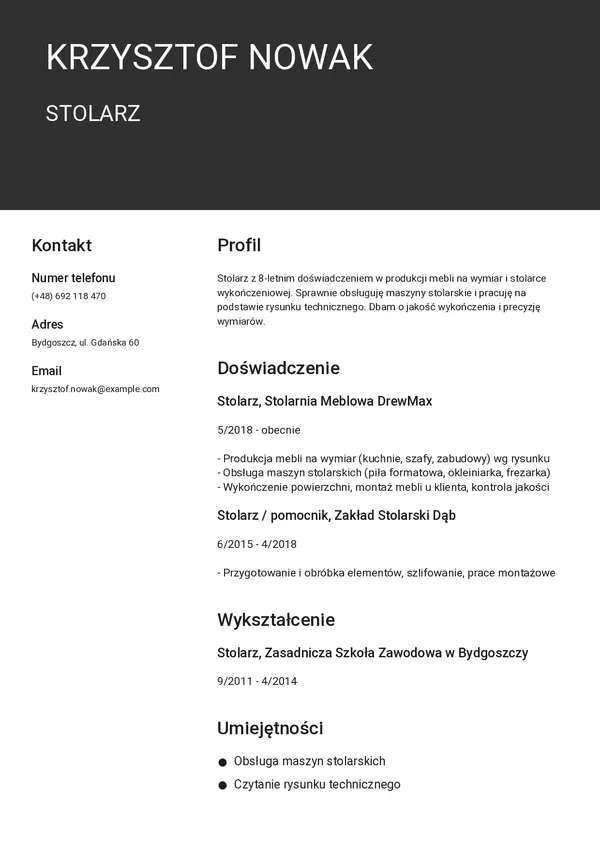 Przykładowe CV stolarza — strona 1 (szablon Nero)