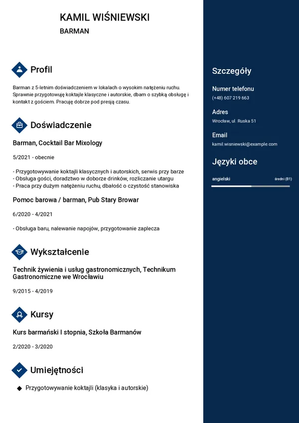 Przykładowe CV barmana — strona 1 (szablon Passe)