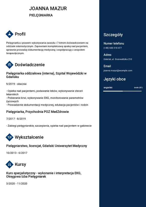 Przykładowe CV pielęgniarki — strona 1 (szablon Passe)