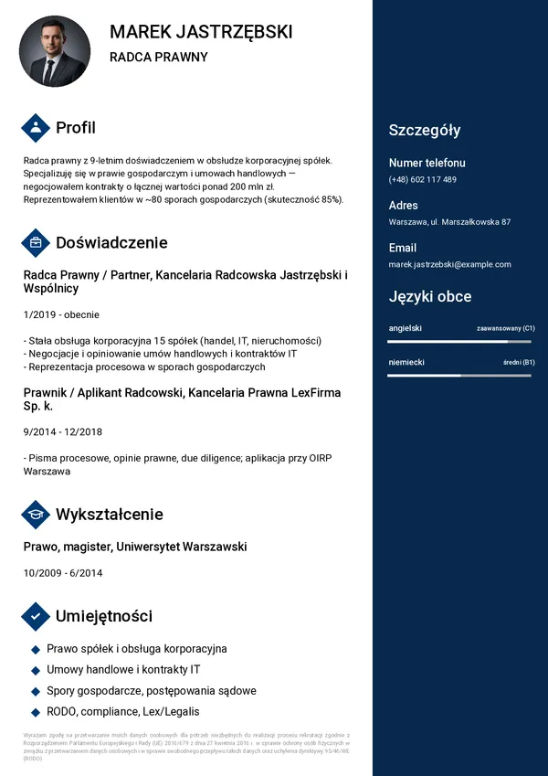 Przykładowe CV dla prawnika (szablon Passe)