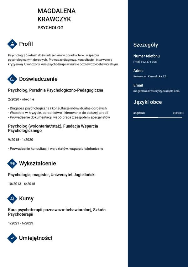 Przykładowe CV psychologa — strona 1 (szablon Passe)