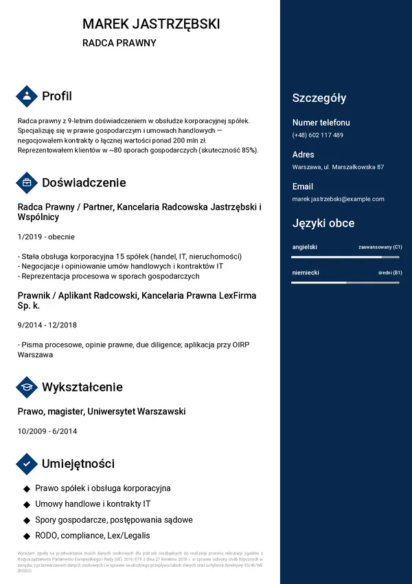 Przykładowe CV radcy prawnego (szablon Passe)