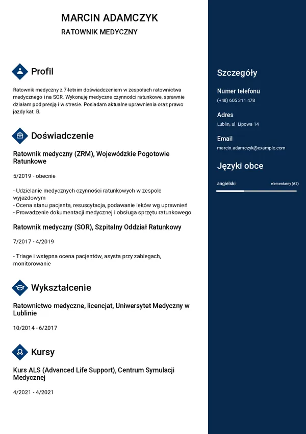 Przykładowe CV ratownika medycznego — strona 1 (szablon Passe)