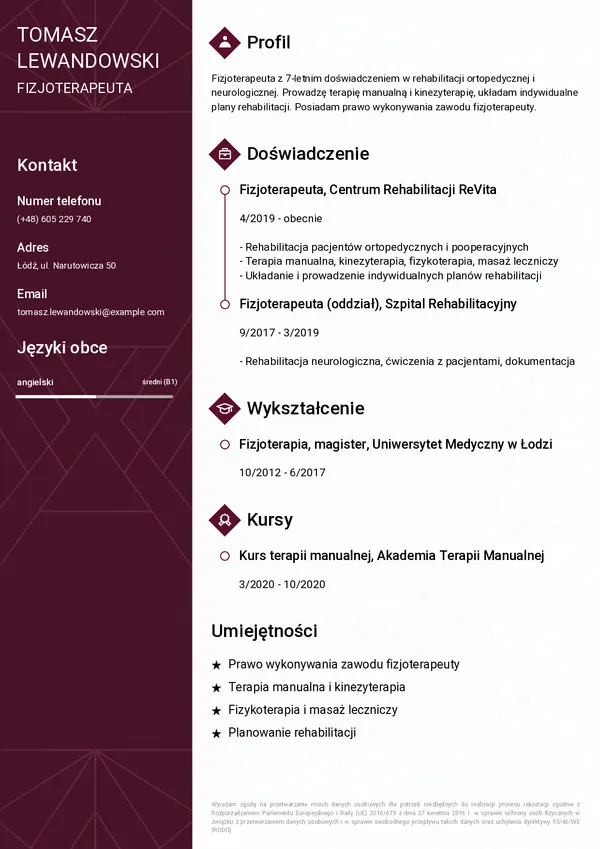 Przykładowe CV fizjoterapeuty (szablon Elegancki)