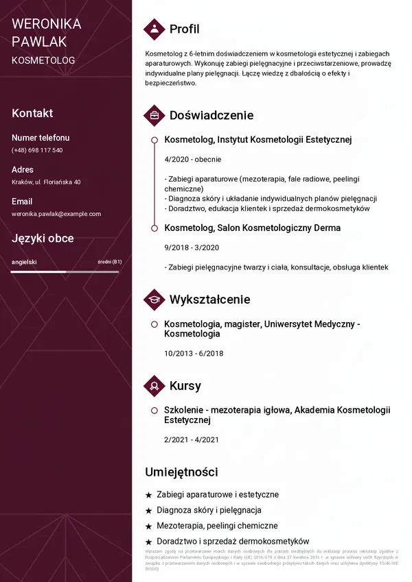 Przykładowe CV kosmetologa (szablon Elegancki)