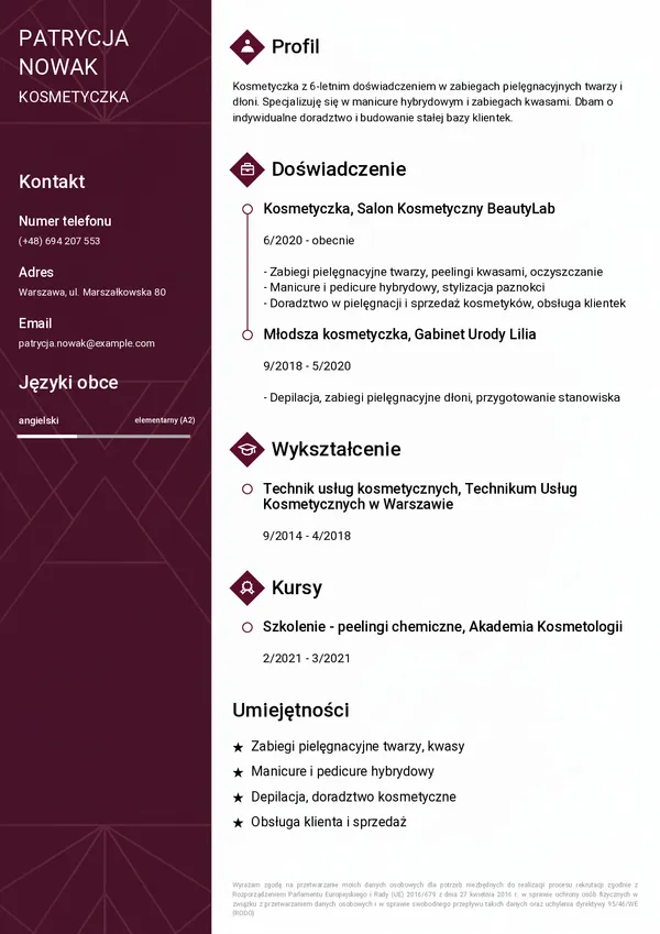 Przykładowe CV kosmetyczki (szablon Elegancki)