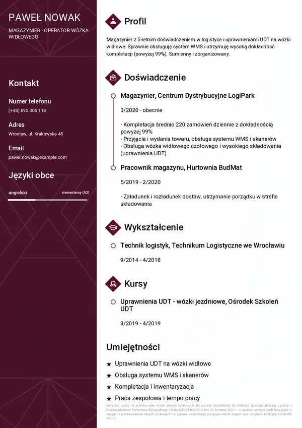 Przykładowe CV magazyniera (szablon Elegancki)