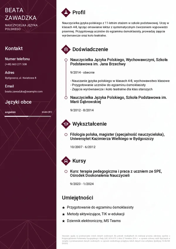 Przykładowe CV nauczyciela (szablon Elegancki)