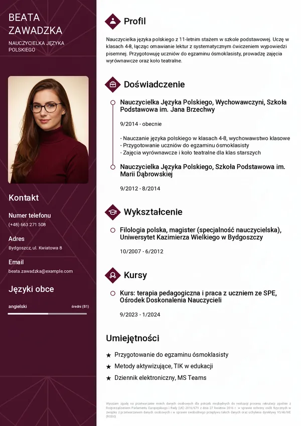 Przykładowe CV dla nauczyciela (szablon Elegancki)