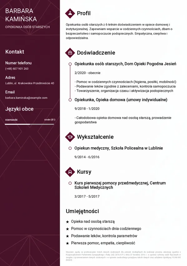 Przykładowe CV opiekunki (szablon Elegancki)