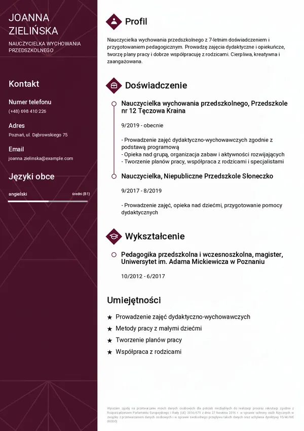 Przykładowe CV przedszkolanki (szablon Elegancki)