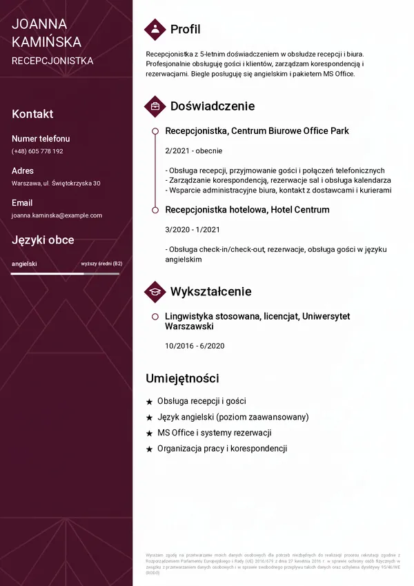 Przykładowe CV recepcjonistki (szablon Elegancki)