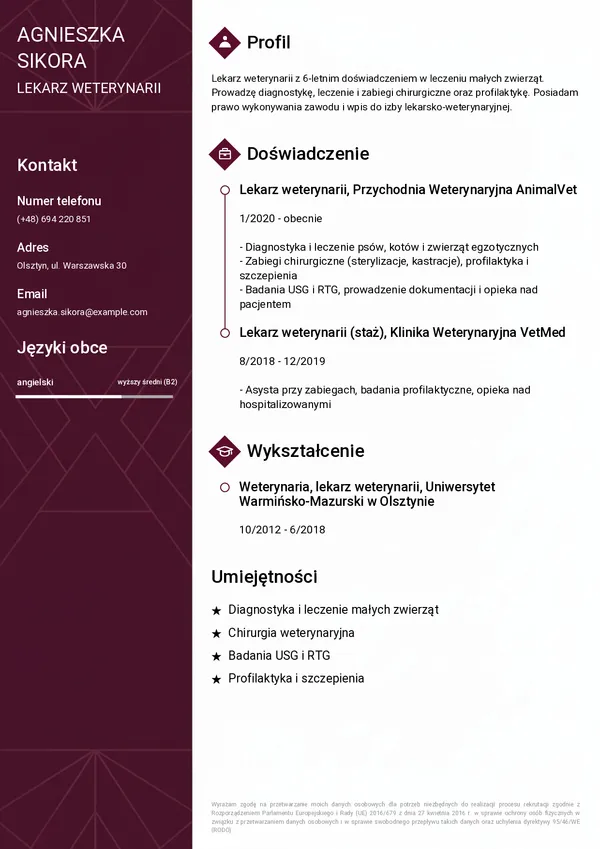 Przykładowe CV weterynarza (szablon Elegancki)