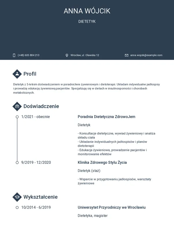 Przykładowe CV dietetyka — strona 1 (szablon Horizon)