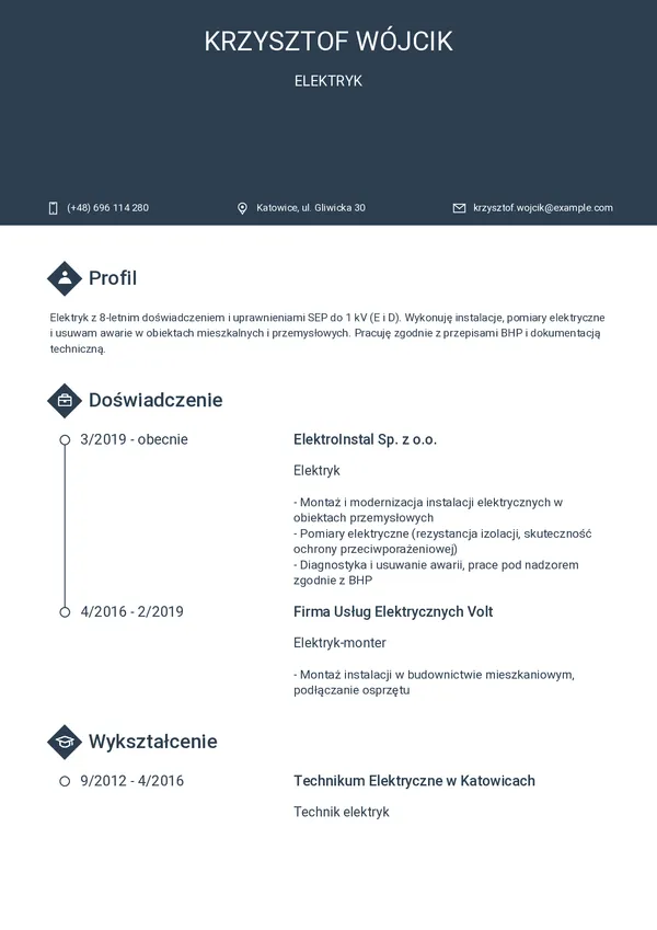 Przykładowe CV elektryka — strona 1 (szablon Horizon)