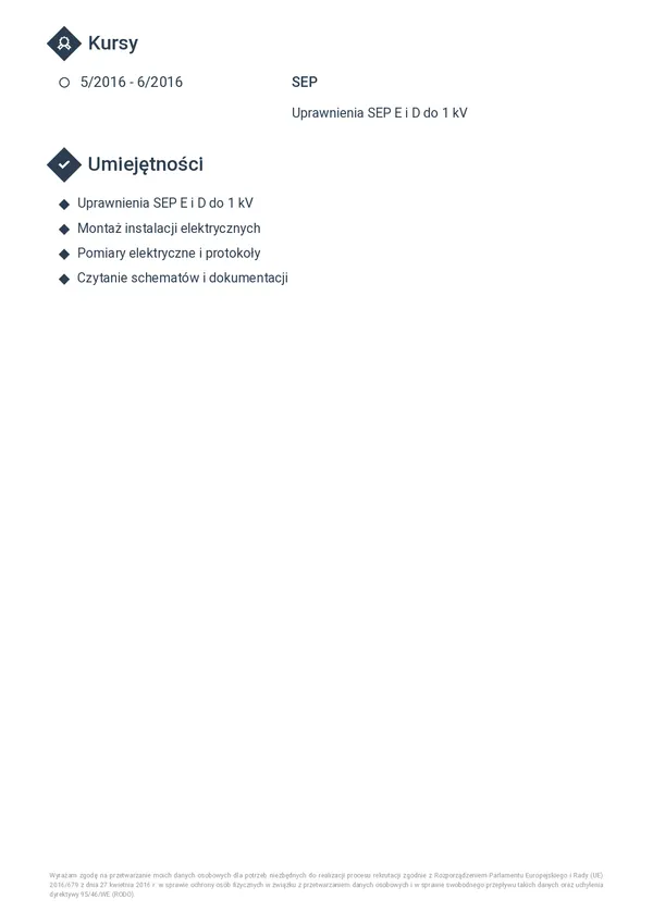 Przykładowe CV elektryka — strona 2 (szablon Horizon)