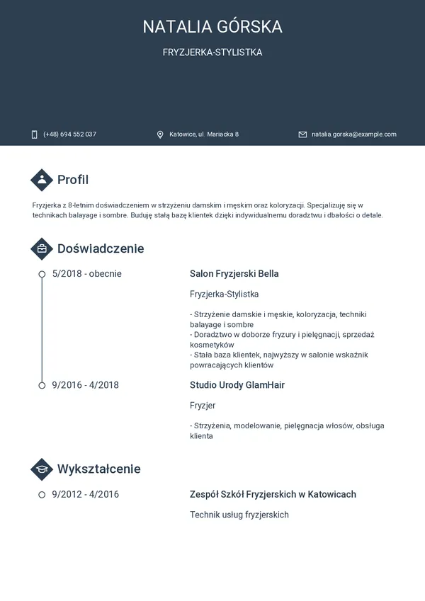 Przykładowe CV fryzjera — strona 1 (szablon Horizon)