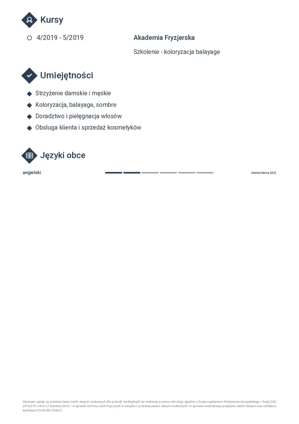 Przykładowe CV fryzjera — strona 2 (szablon Horizon)