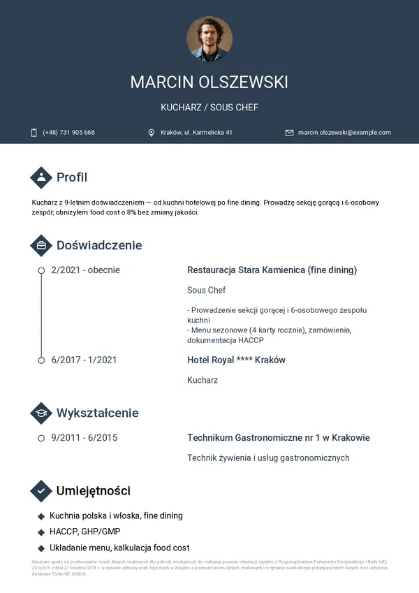 Przykładowe CV dla gastronomii (szablon Horizon)