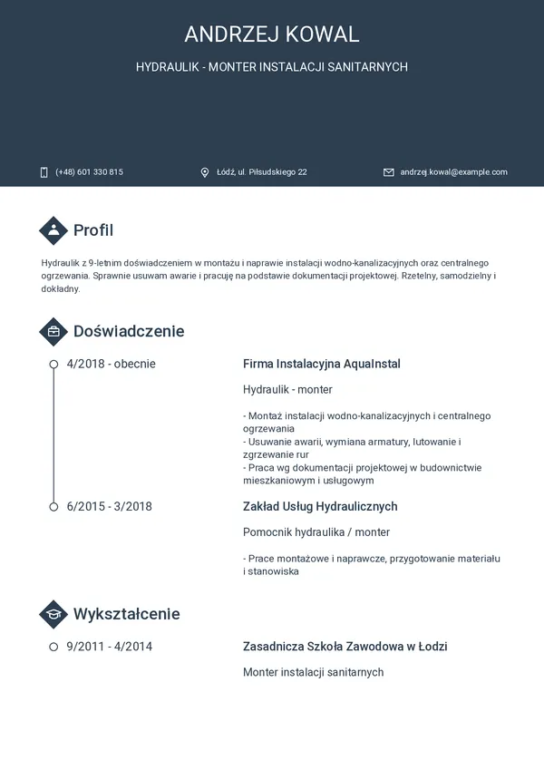 Przykładowe CV hydraulika — strona 1 (szablon Horizon)