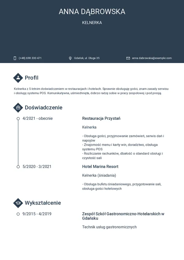 Przykładowe CV kelnera — strona 1 (szablon Horizon)
