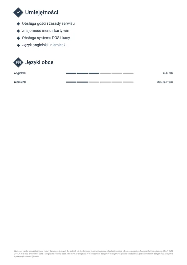 Przykładowe CV kelnera — strona 2 (szablon Horizon)