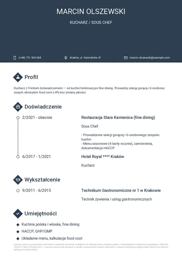 Przykładowe CV kucharza (szablon Horizon)