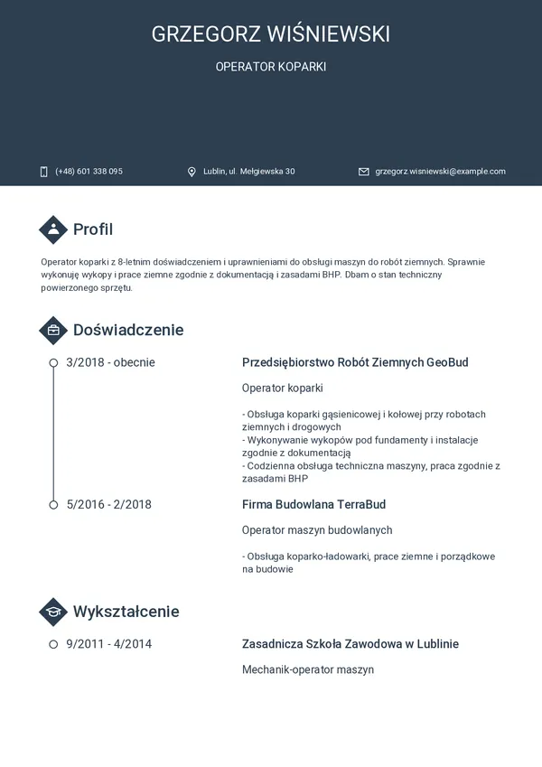 Przykładowe CV operatora koparki — strona 1 (szablon Horizon)