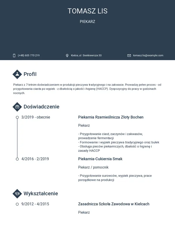 Przykładowe CV piekarza — strona 1 (szablon Horizon)