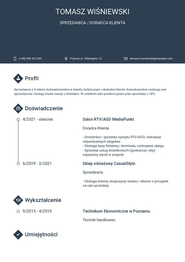 Przykładowe CV sprzedawcy — strona 1 (szablon Horizon)