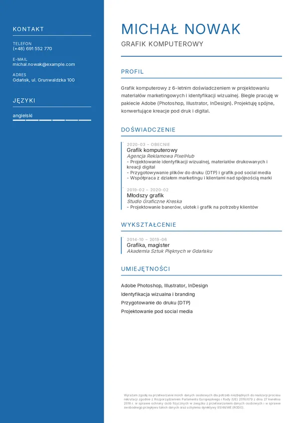 Przykładowe CV grafika (szablon Atelier)