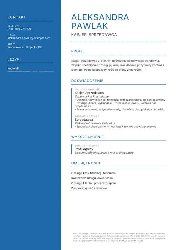 Przykładowe CV kasjera (szablon Atelier)