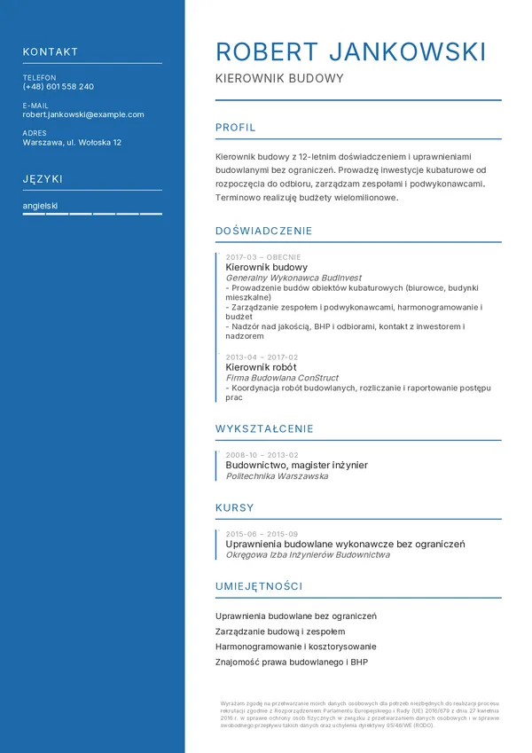 Przykładowe CV kierownika budowy (szablon Atelier)