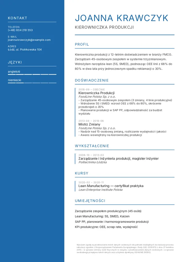 Przykładowe CV kierownika produkcji (szablon Atelier)