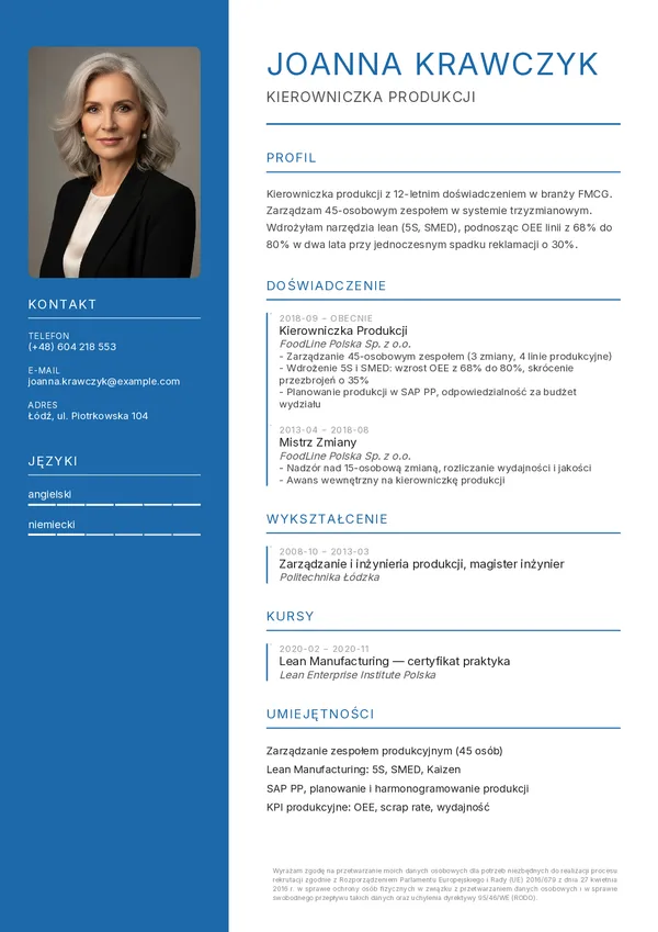 Przykładowe CV dla kierownika (szablon Atelier)