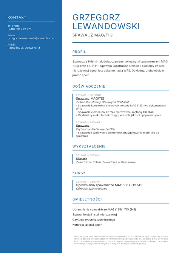 Przykładowe CV spawacza (szablon Atelier)